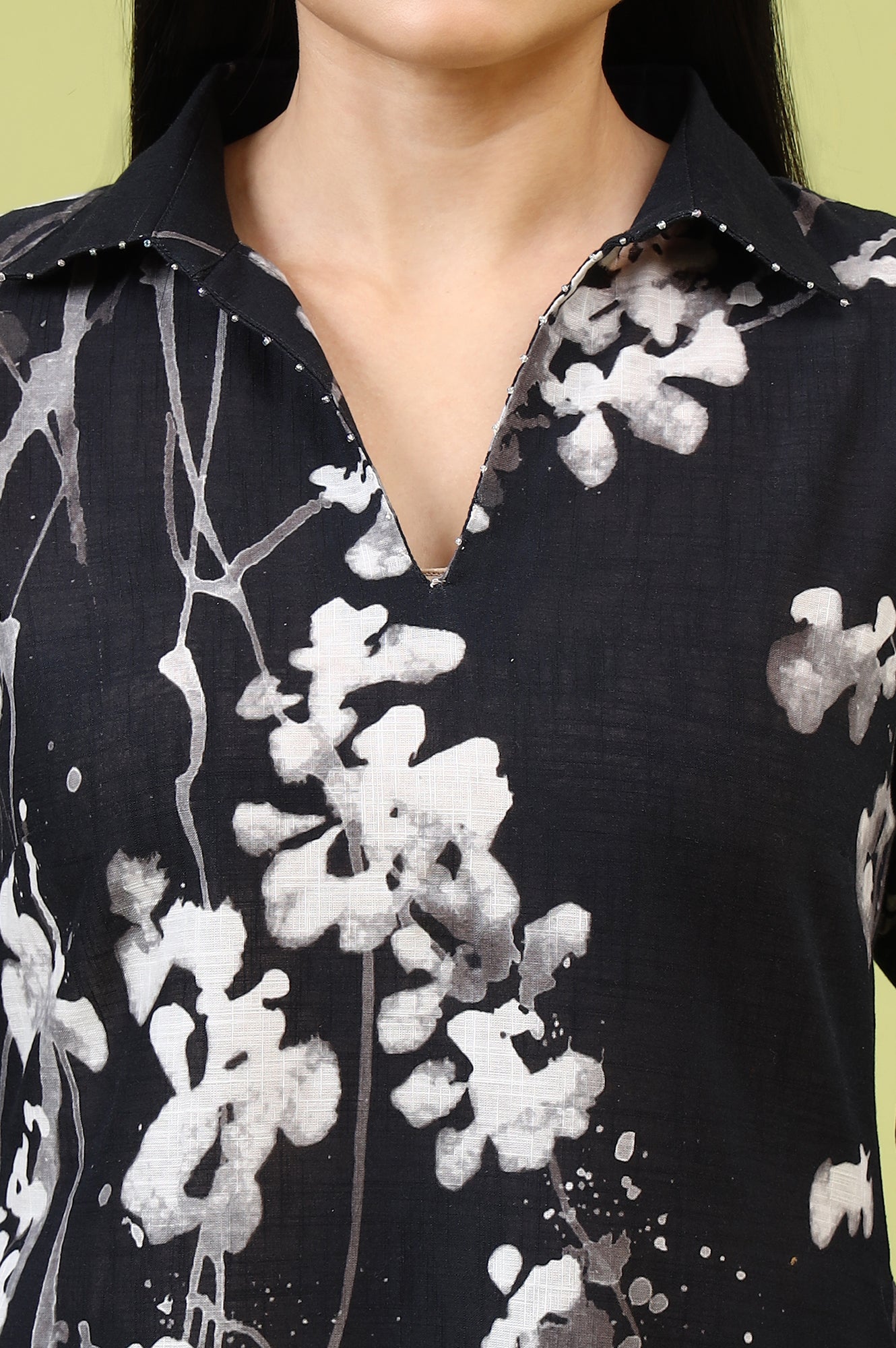 Black Floral Printed Pure Cotton Straight Kurta