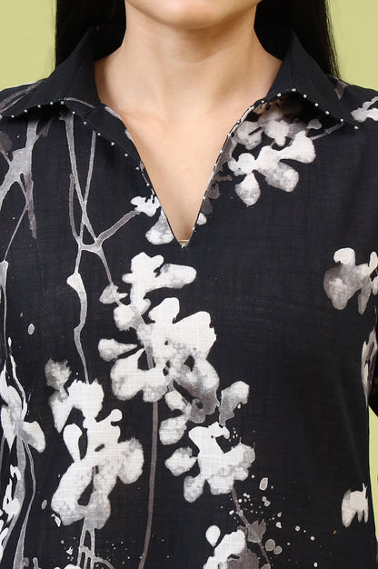 Black Floral Printed Pure Cotton Straight Kurta
