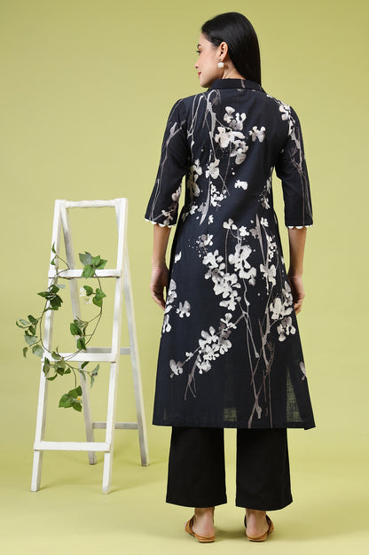 Black Floral Printed Pure Cotton Straight Kurta