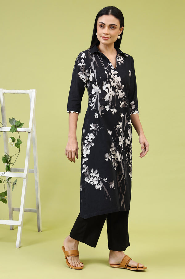 Black Floral Printed Pure Cotton Straight Kurta