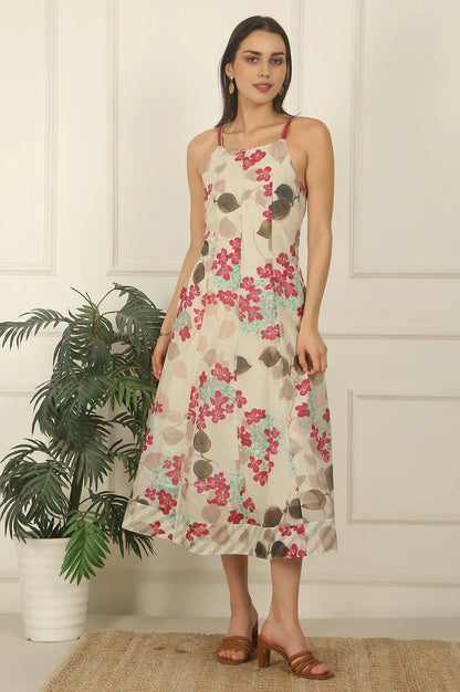 Off-White Foral Printed Cotton Kota Flared Spaghetti Dress