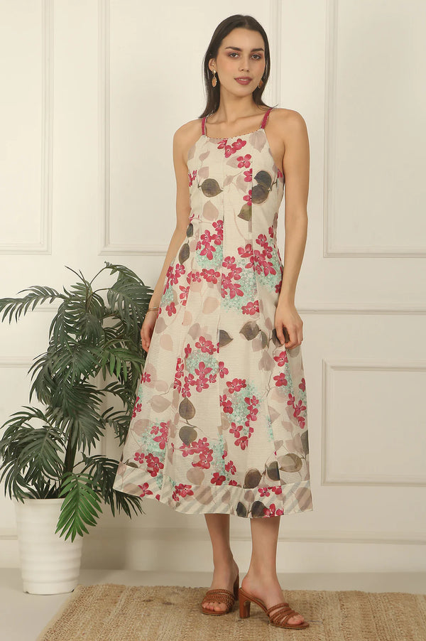 Off-White Foral Printed Cotton Kota Flared Spaghetti Dress