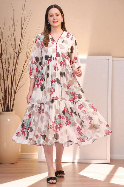 Off White Bold Floral Printed Chiffon Tiered Dress