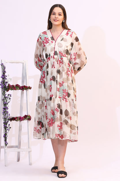 Off White Bold Floral Printed Chiffon Tiered Dress