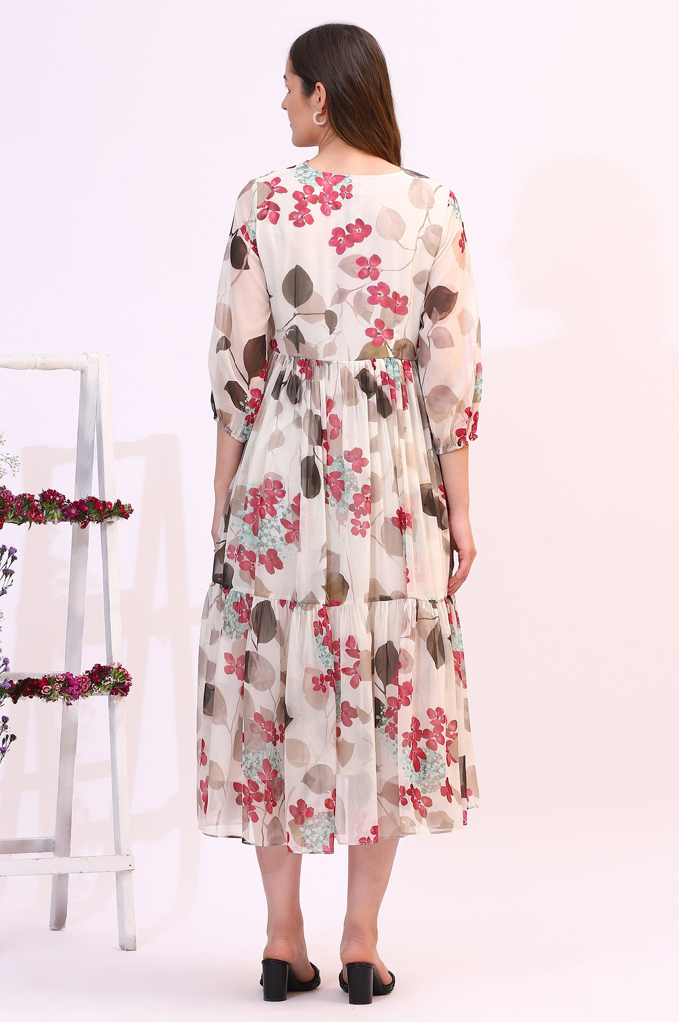 Off White Bold Floral Printed Chiffon Tiered Dress