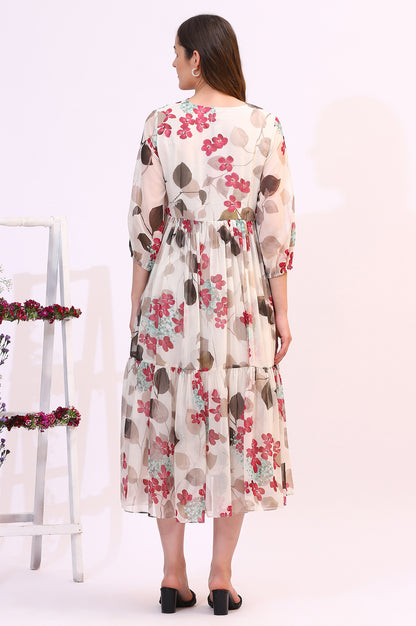 Off White Bold Floral Printed Chiffon Tiered Dress