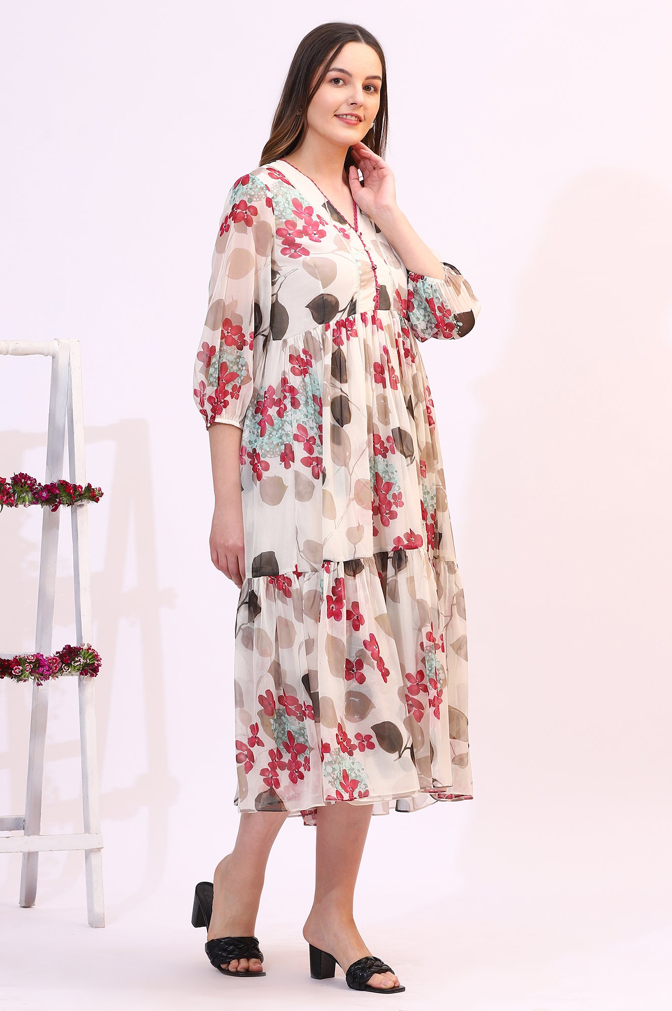 Off White Bold Floral Printed Chiffon Tiered Dress