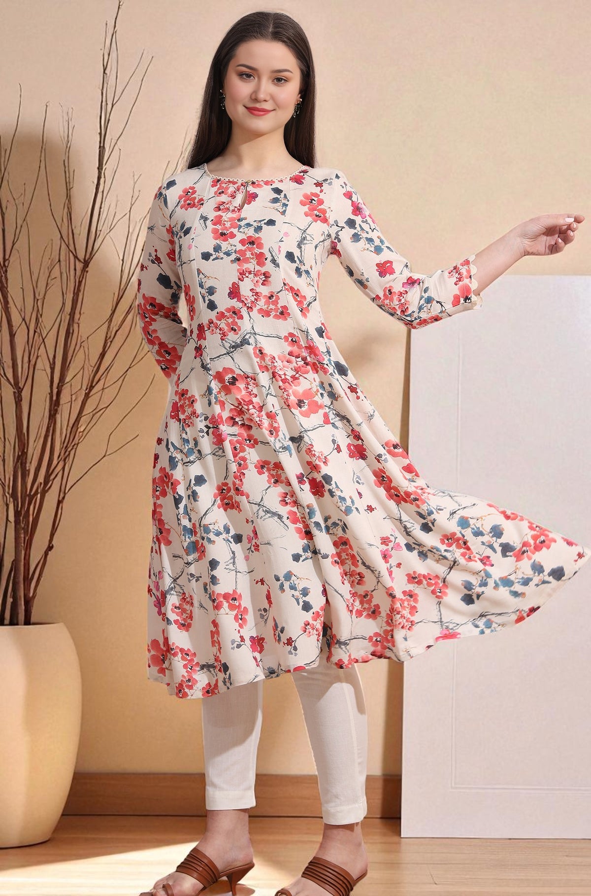 Light Beige Floral Printed Rayon Flax Anarkali Kurta with Lace - XS