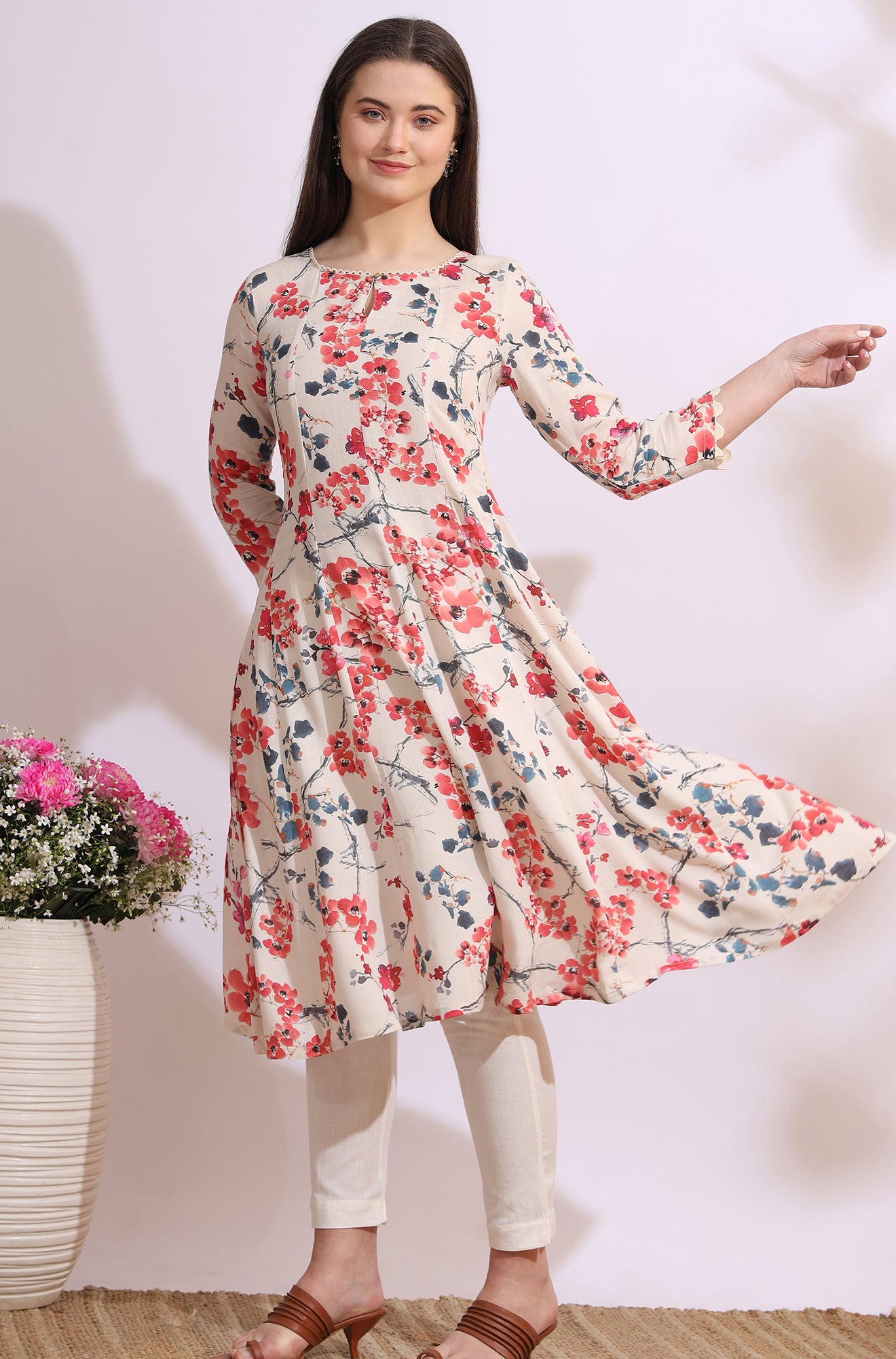 Light Beige Floral Printed Rayon Flax Anarkali Kurta with Lace