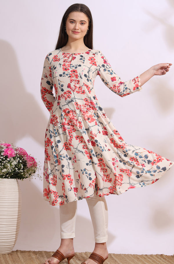 Light Beige Floral Printed Rayon Flax Anarkali Kurta with Lace