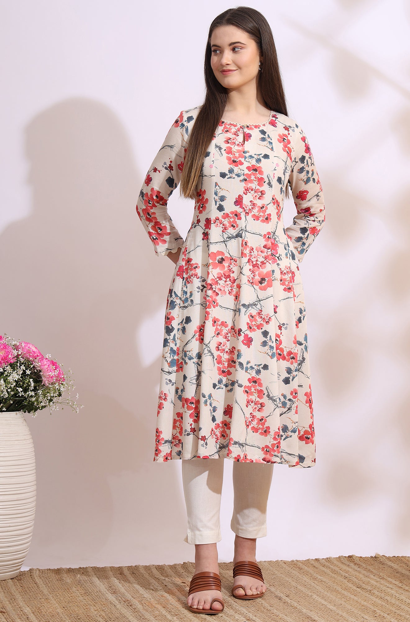 Light Beige Floral Printed Rayon Flax Anarkali Kurta with Lace