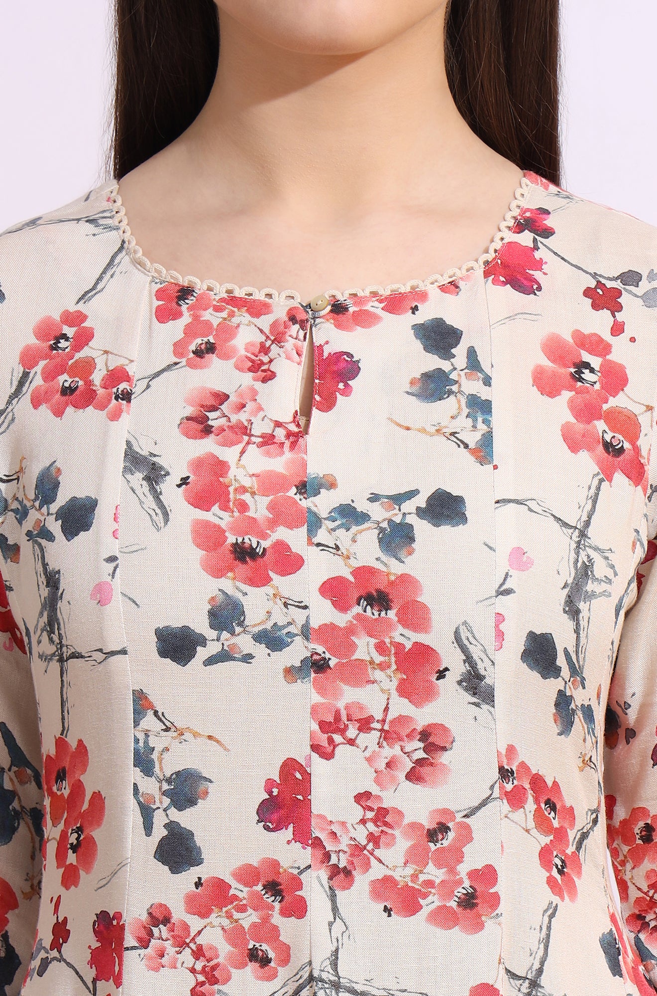 Light Beige Floral Printed Rayon Flax Anarkali Kurta with Lace