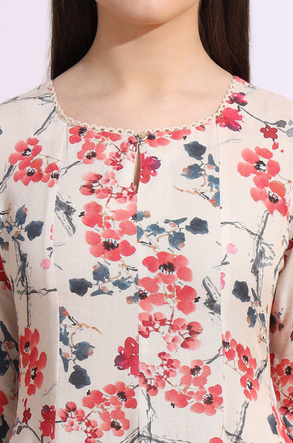 Light Beige Floral Printed Rayon Flax Anarkali Kurta with Lace