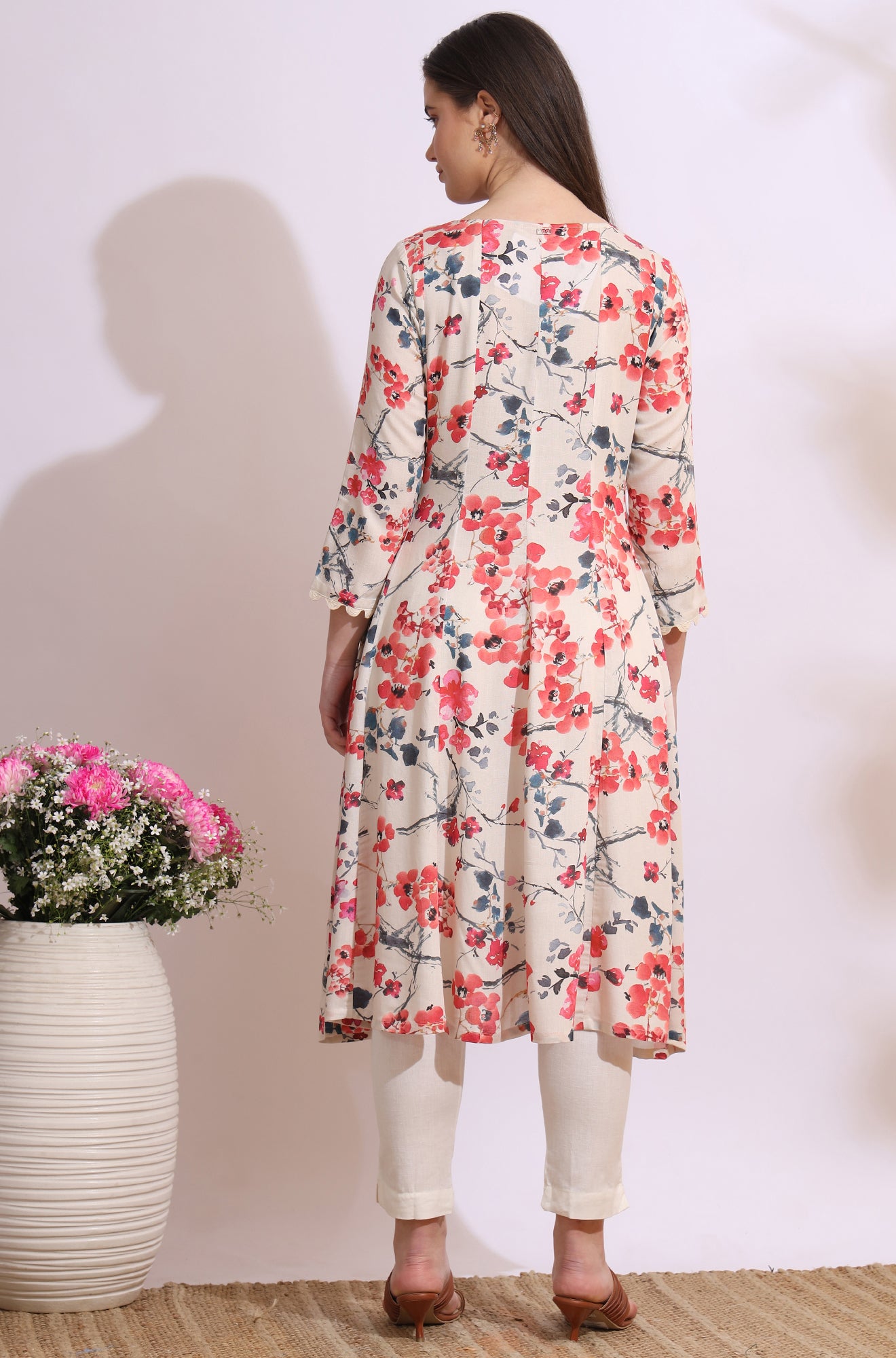 Light Beige Floral Printed Rayon Flax Anarkali Kurta with Lace