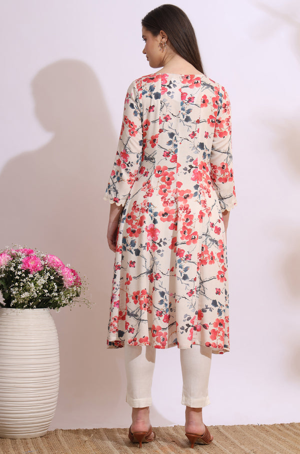 Light Beige Floral Printed Rayon Flax Anarkali Kurta with Lace