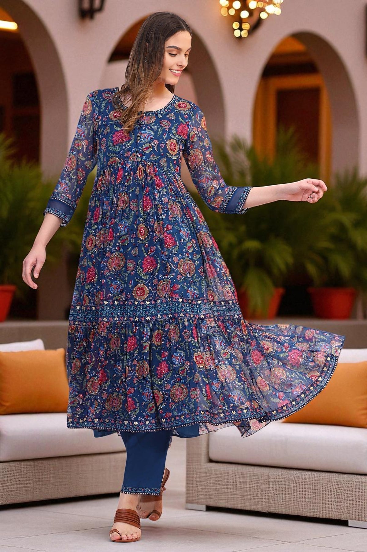 Blue Chintz Floral Printed Chiffon Anarkali Kurta - XS