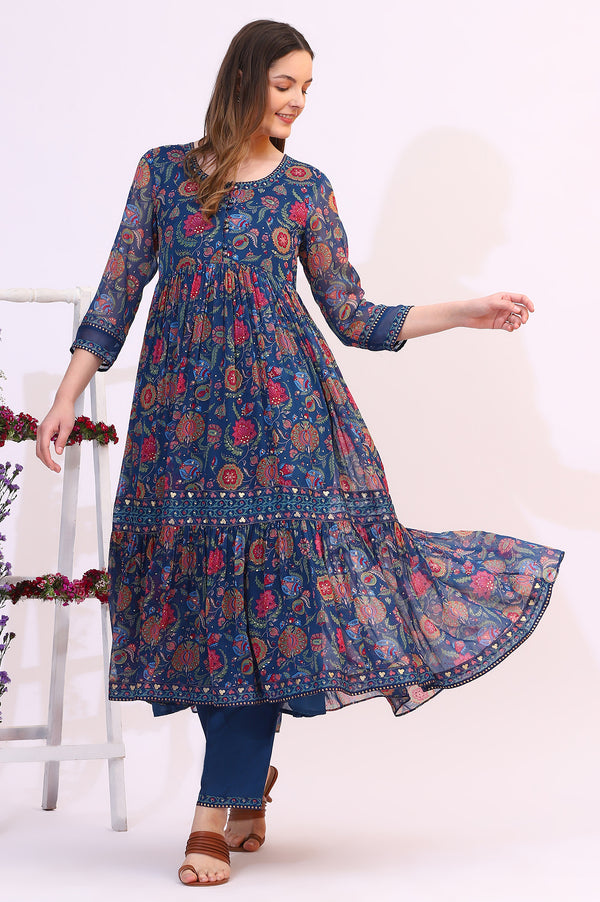 Blue Chintz Floral Printed Chiffon Anarkali Kurta