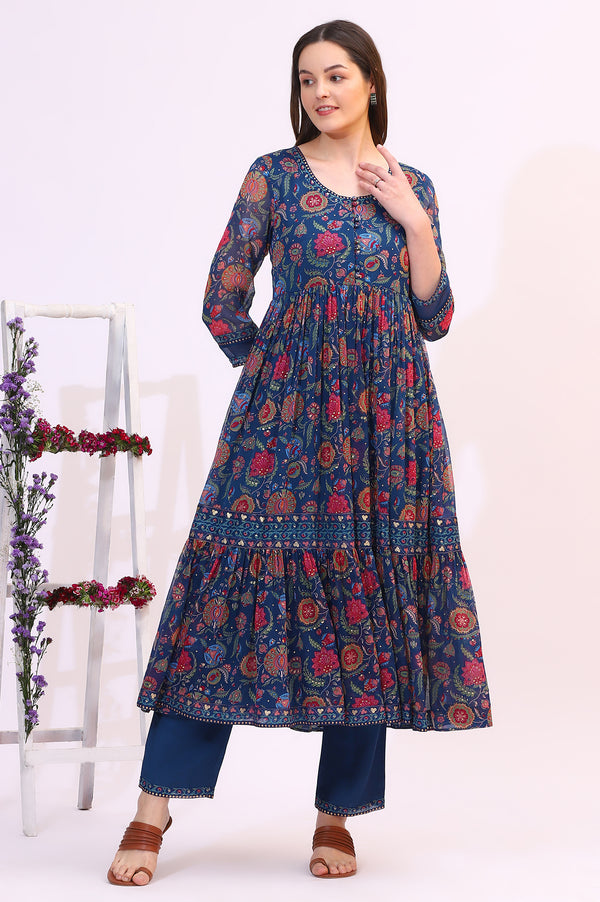 Blue Chintz Floral Printed Chiffon Anarkali Kurta