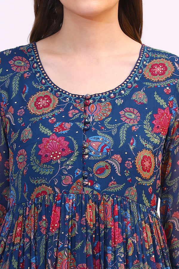 Blue Chintz Floral Printed Chiffon Anarkali Kurta