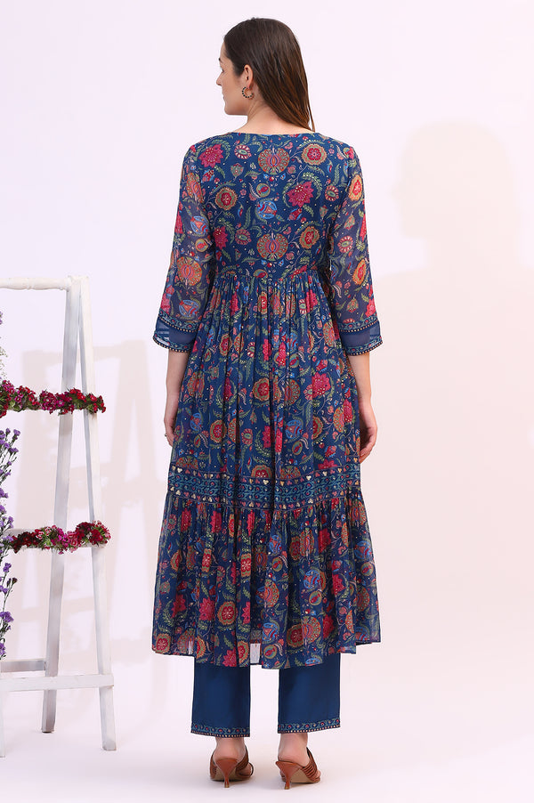 Blue Chintz Floral Printed Chiffon Anarkali Kurta
