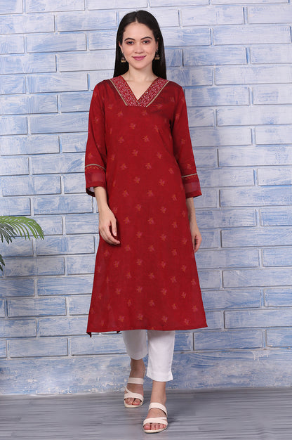 Pink Paisley Printed Thread Embroidered Crepe Flared Kurta