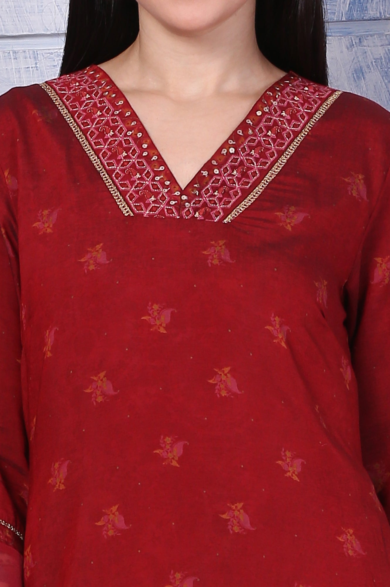 Pink Paisley Printed Thread Embroidered Crepe Flared Kurta