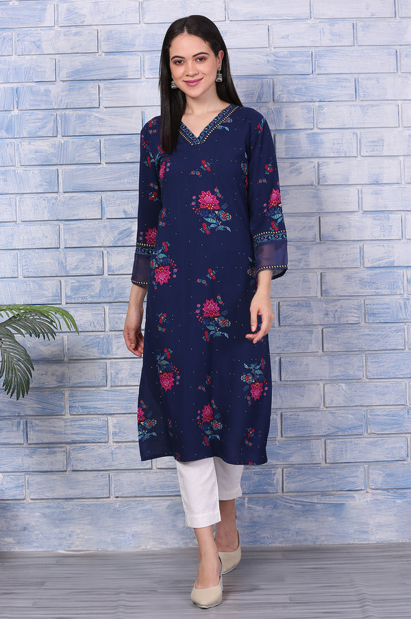 Blue Floral Printed Rayon Straight Kurta