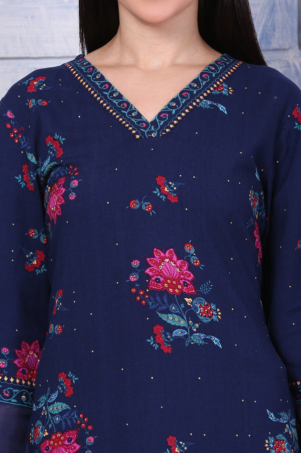 Blue Floral Printed Rayon Straight Kurta