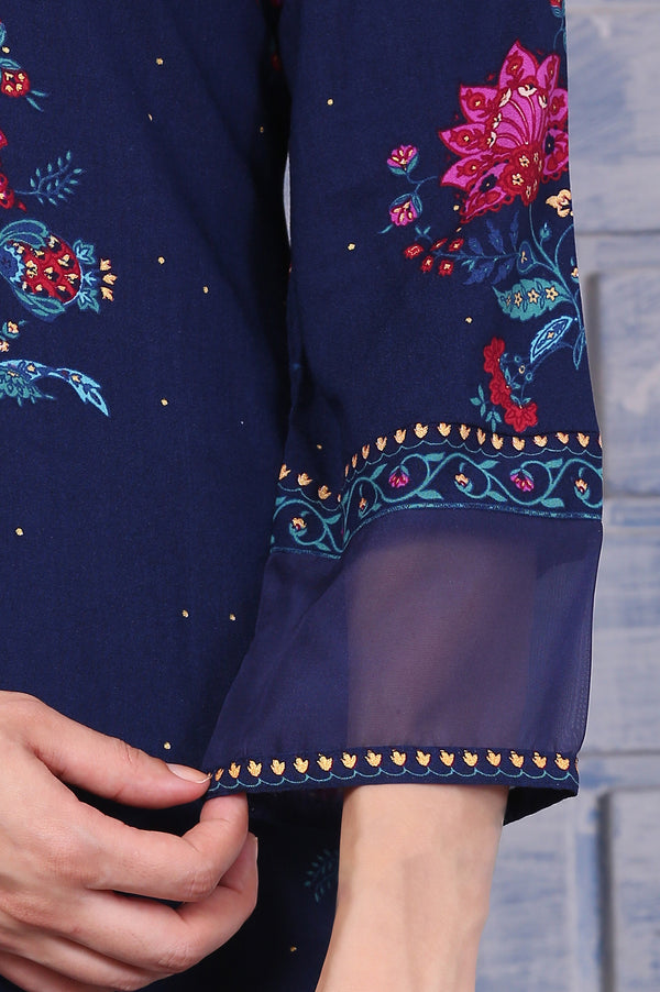 Blue Floral Printed Rayon Straight Kurta