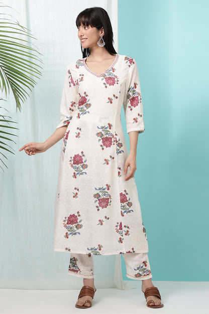 White Floral Printed Textured Dobby Flared Kurta