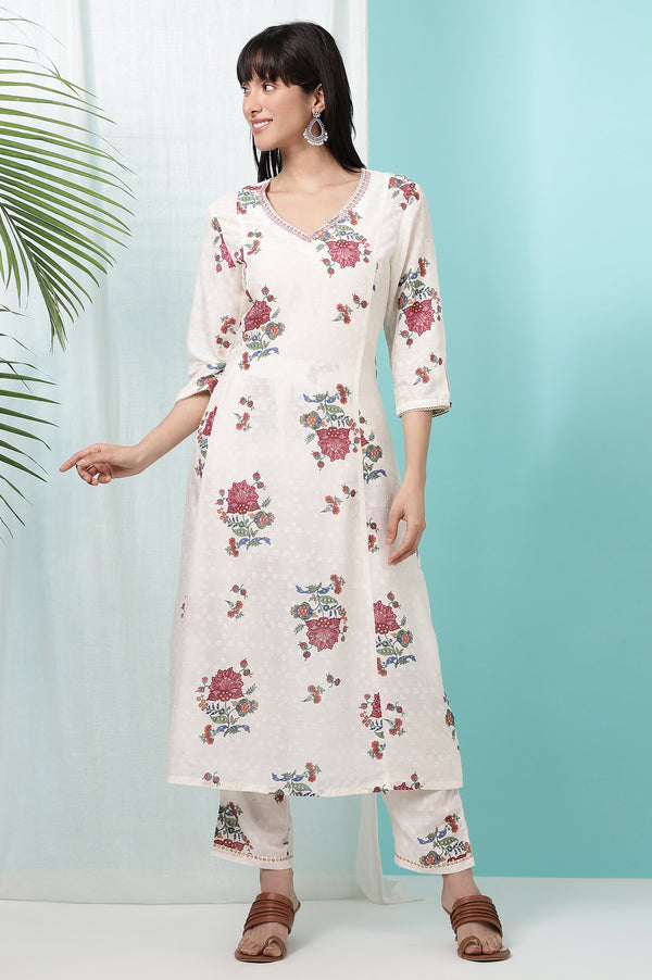 White Floral Printed Textured Dobby Flared Kurta