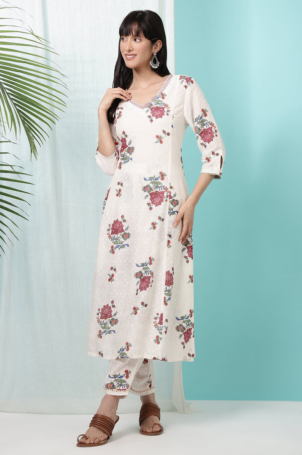 White Floral Printed Textured Dobby Flared Kurta