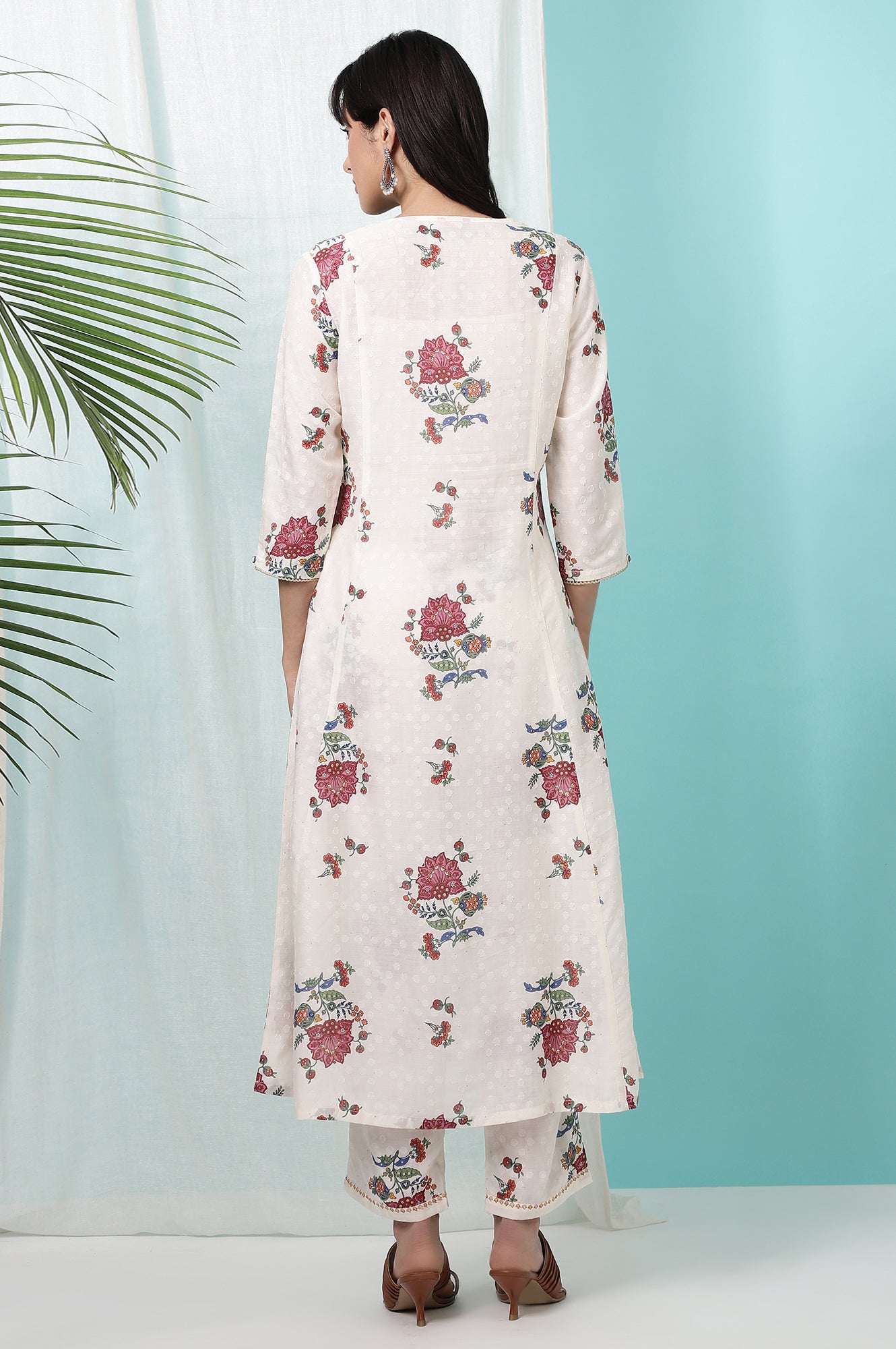 White Floral Printed Textured Dobby Flared Kurta
