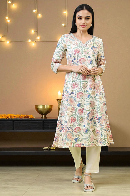 White Chintz Floral Printed Rayon Straight Kurta with Sequins