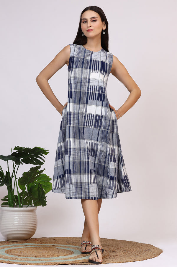 White and Blue Ikkat Pure Cotton Sleeveless Trapeze Dress