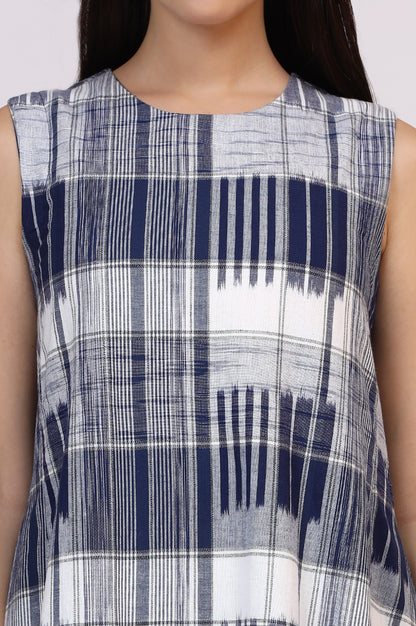 White and Blue Ikkat Pure Cotton Sleeveless Trapeze Dress
