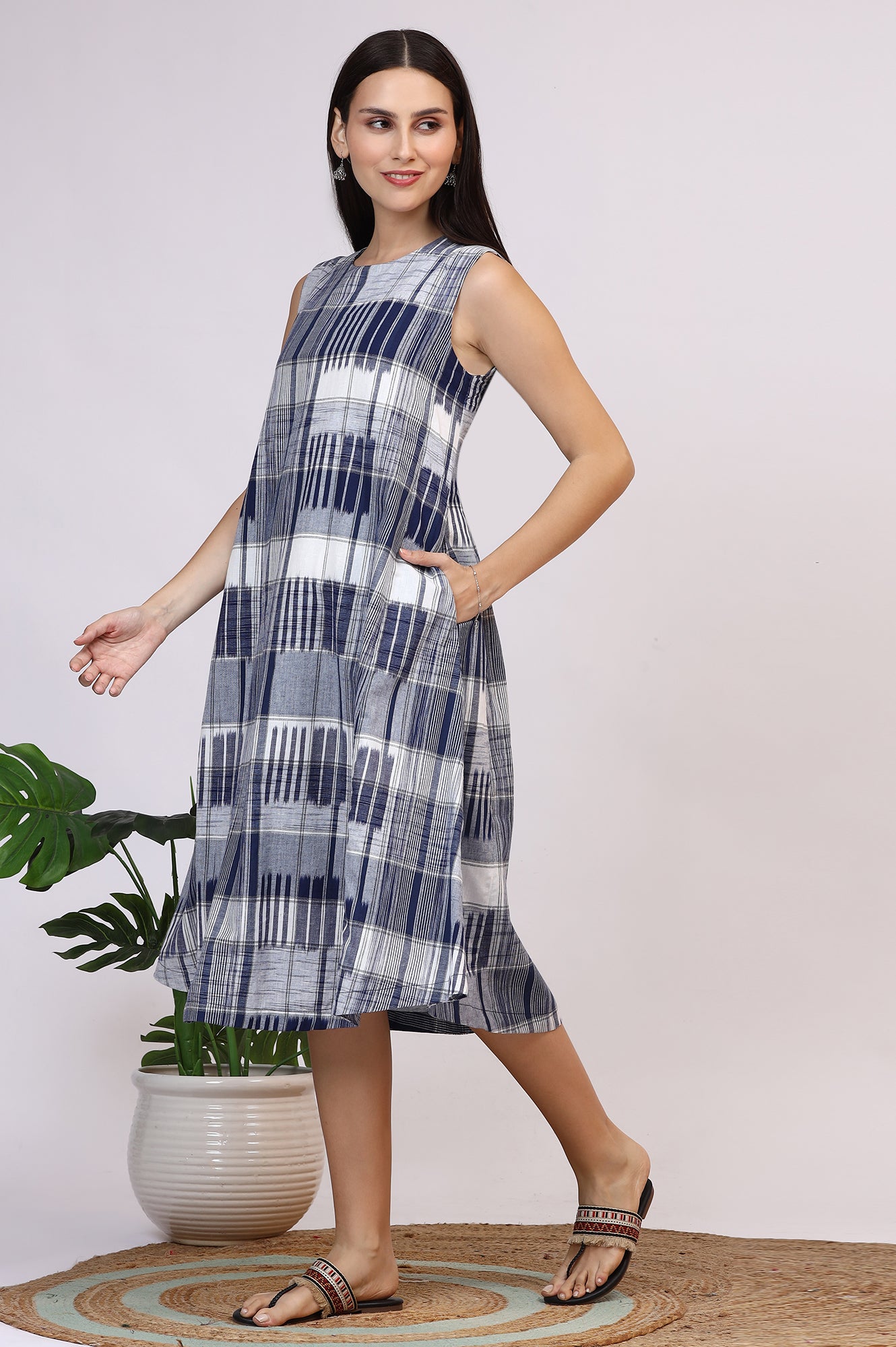 White and Blue Ikkat Pure Cotton Sleeveless Trapeze Dress