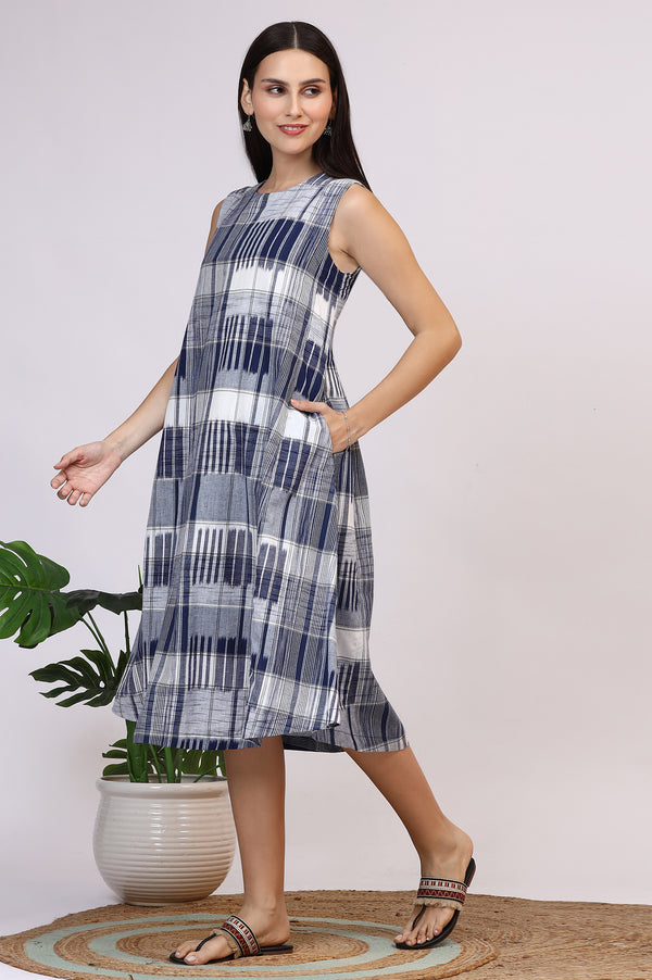 White and Blue Ikkat Pure Cotton Sleeveless Trapeze Dress
