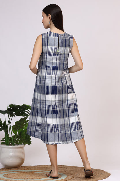 White and Blue Ikkat Pure Cotton Sleeveless Trapeze Dress