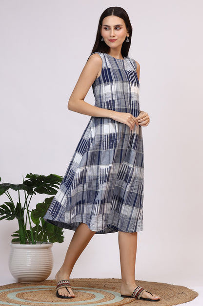 White and Blue Ikkat Pure Cotton Sleeveless Trapeze Dress