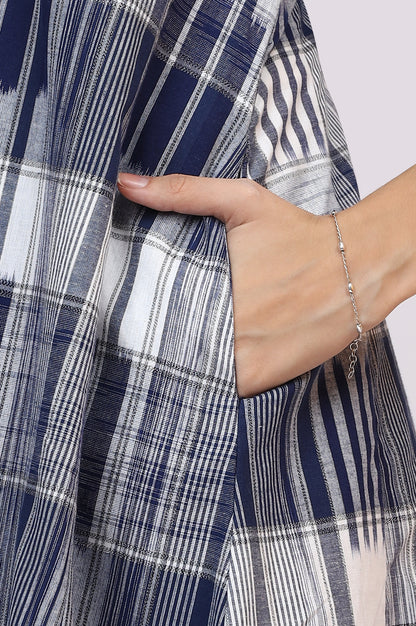 White and Blue Ikkat Pure Cotton Sleeveless Trapeze Dress