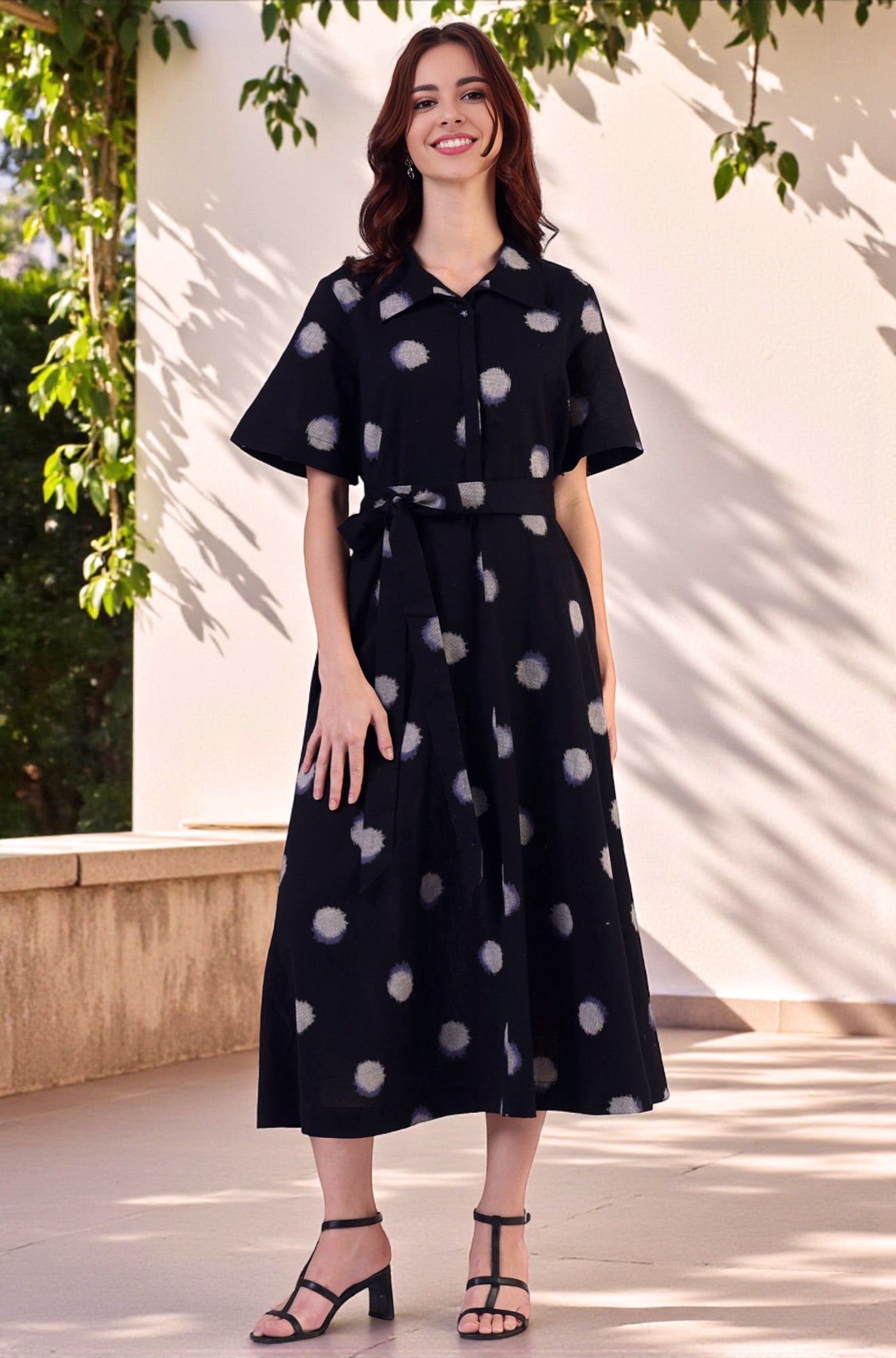 Black Printed Flared Cotton Blend Dress