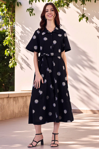 Black Printed Flared Cotton Blend Dress