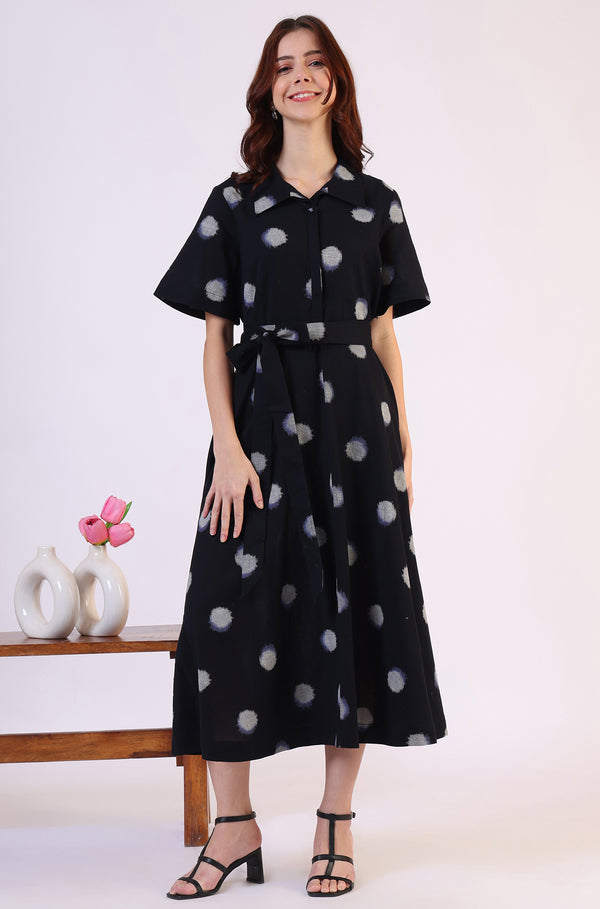 Black Printed Flared Cotton Blend Dress