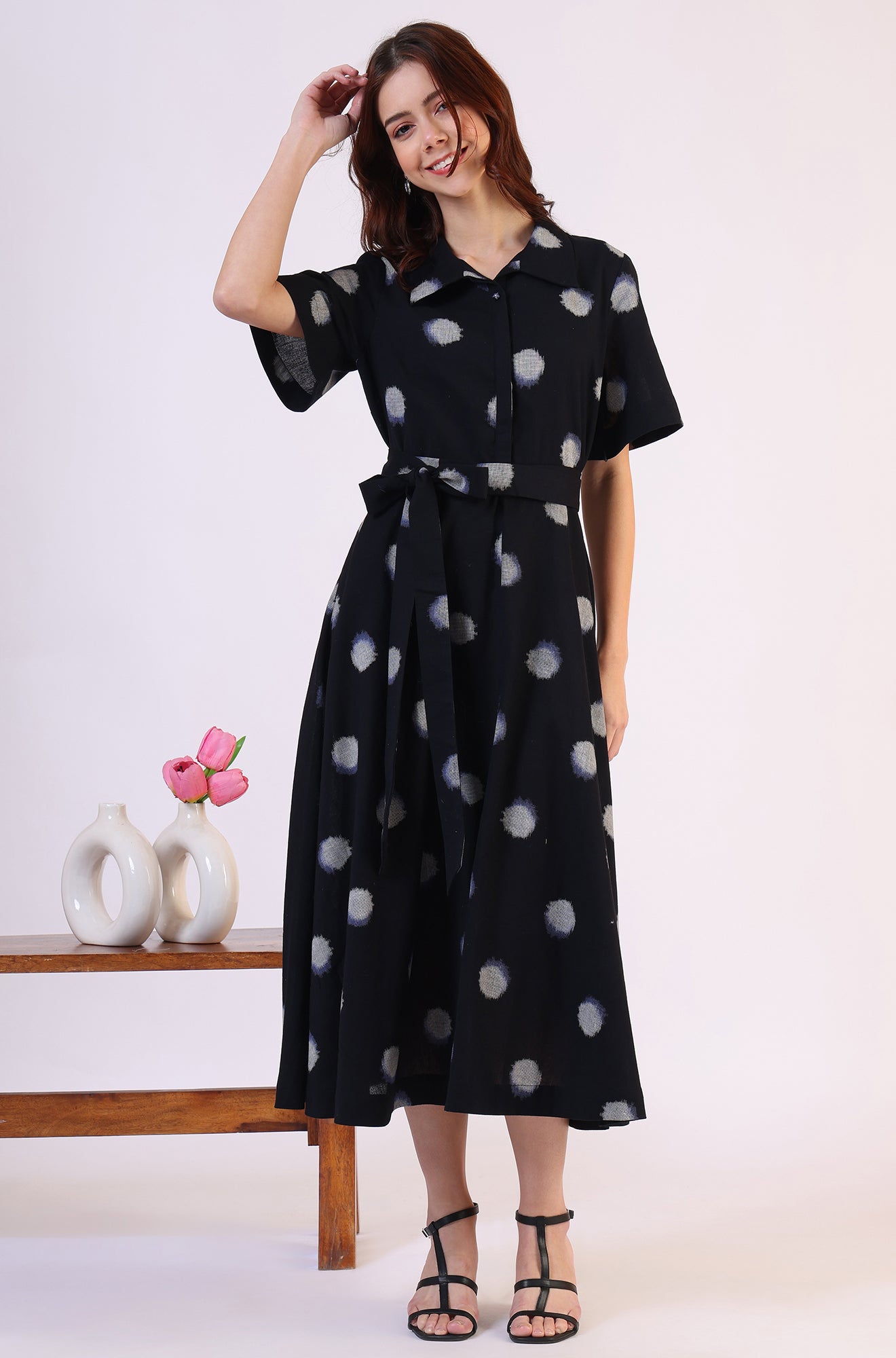 Black Printed Flared Cotton Blend Dress