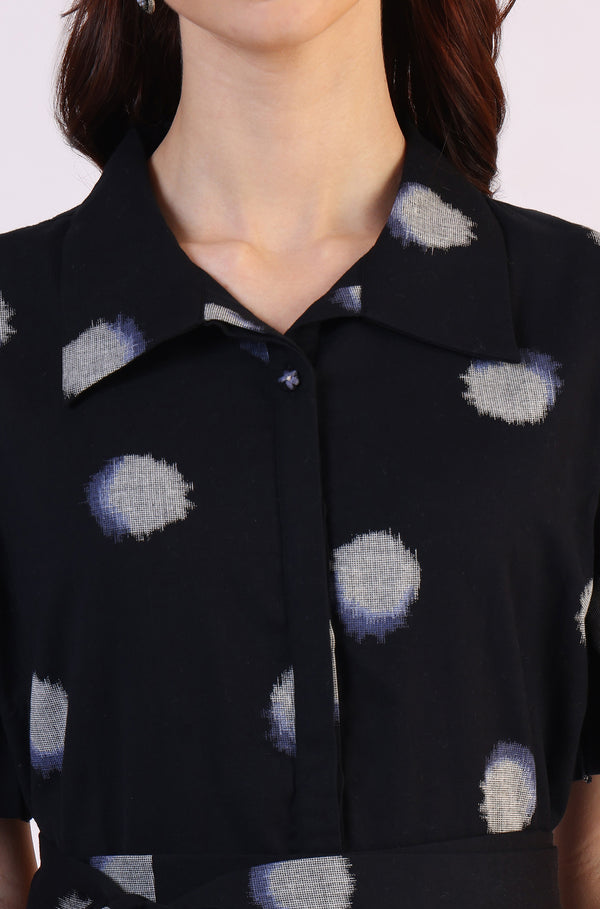 Black Printed Flared Cotton Blend Dress