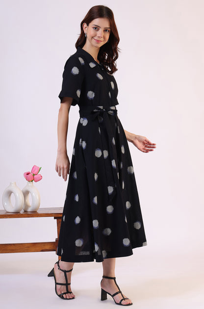 Black Printed Flared Cotton Blend Dress