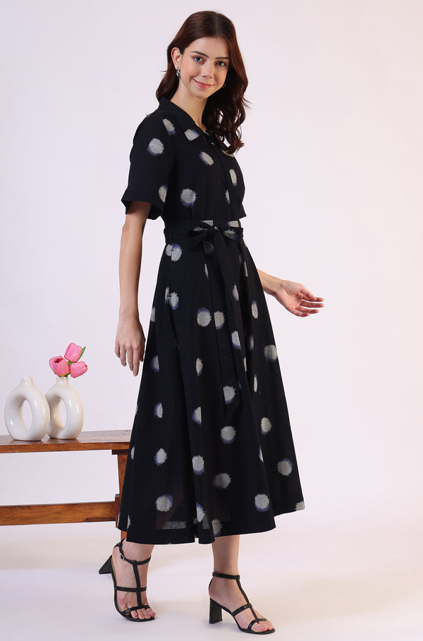 Black Printed Flared Cotton Blend Dress