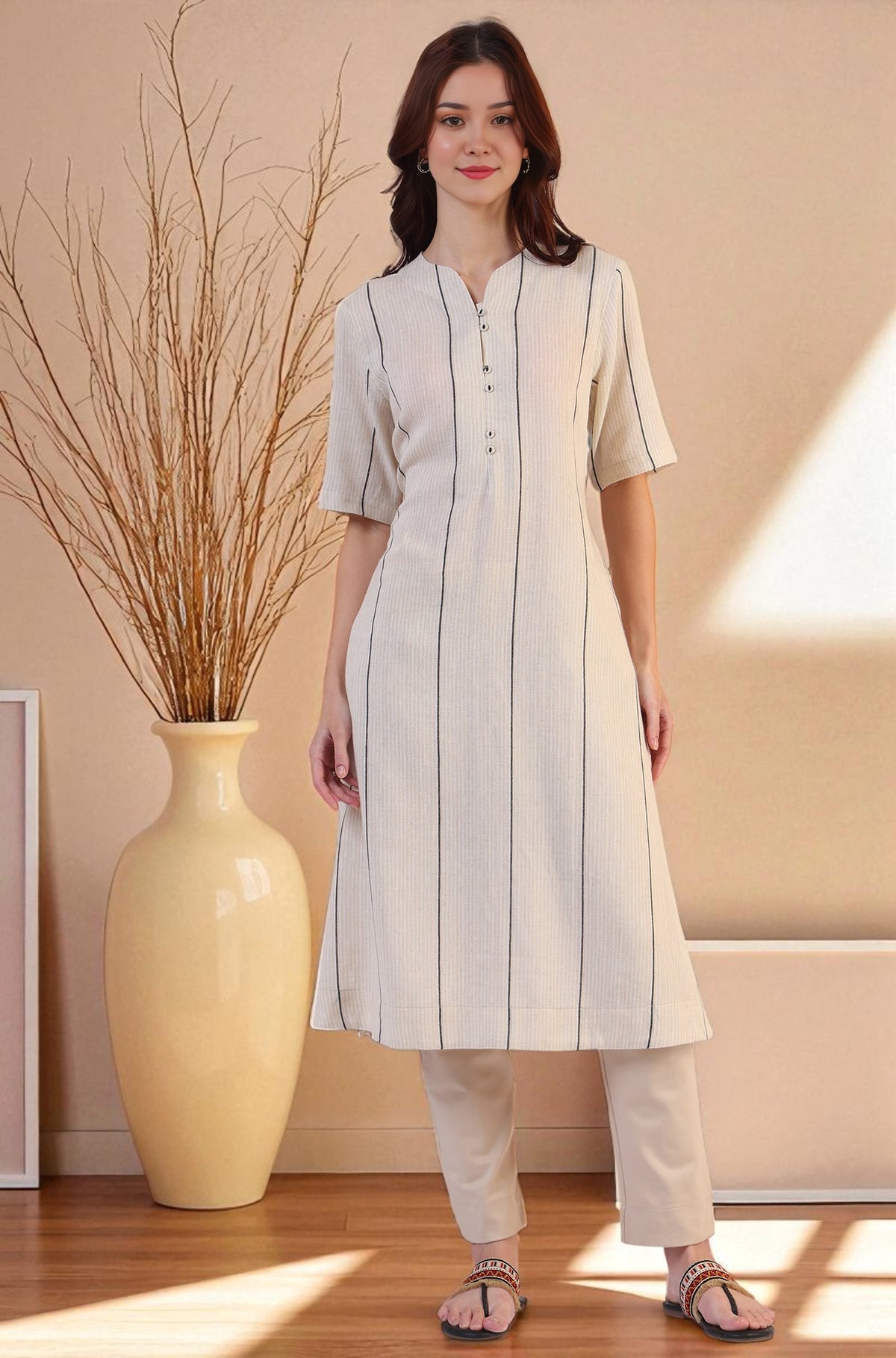 Light Beige Yarn Dyed Striped Short Sleeves Cotton Blend Kurta - XS