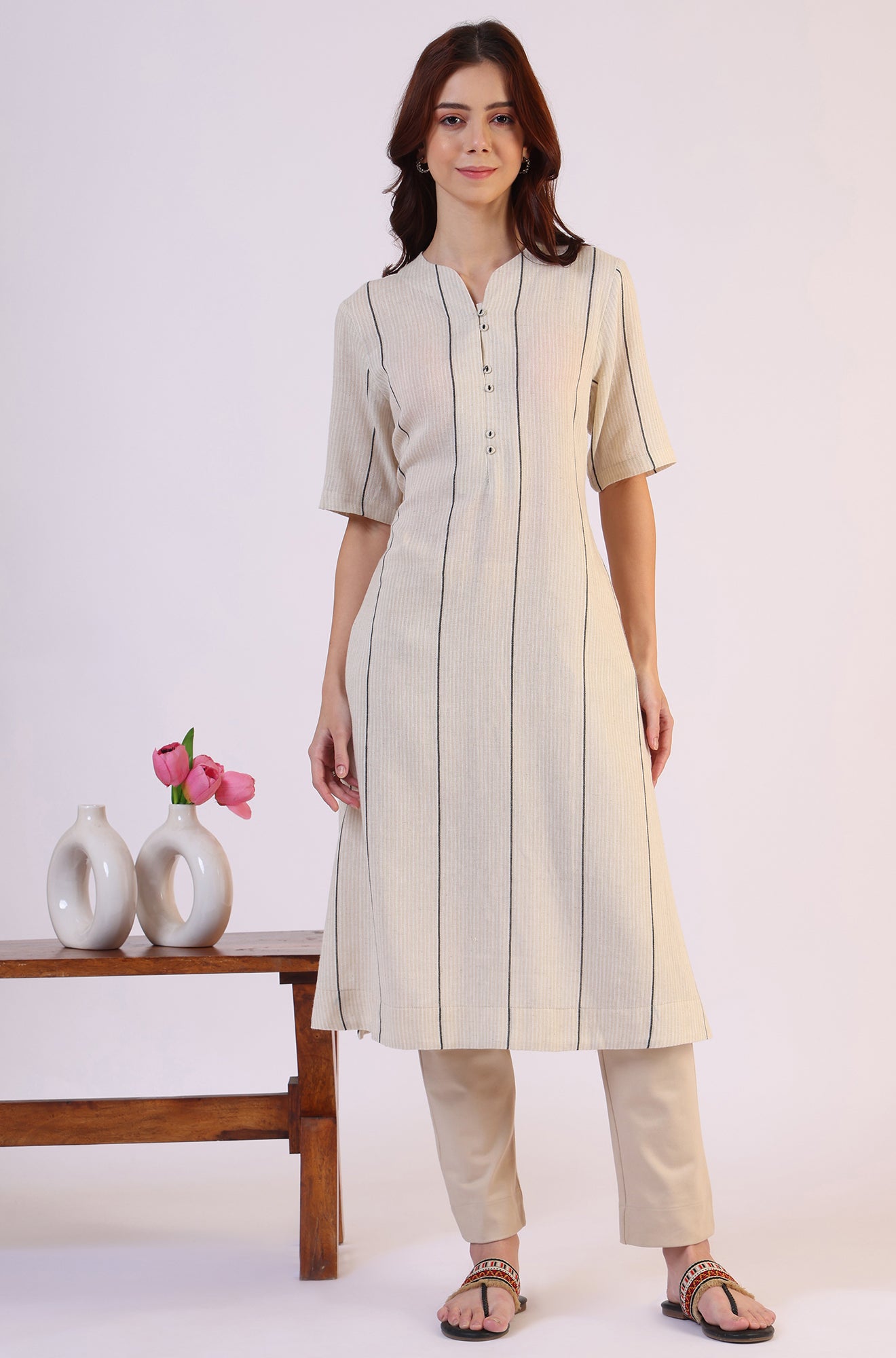 Light Beige Yarn Dyed Striped Short Sleeves Cotton Blend Kurta